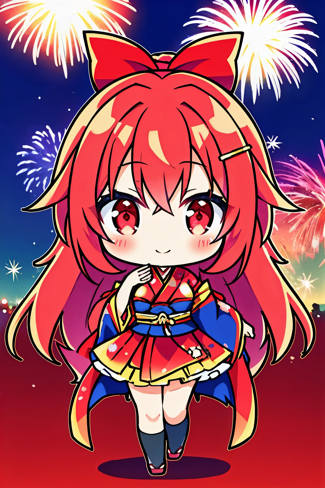 "anime girl, 1 person, red hair, shoulder length hair, dark red eyes, wearing flower hairpin, female kimono, red kimono with gold border pattern, big breasts, long stockings, blushing smile, standing still cross-legged,chibi,full body, solo, view from different angles, festival, New Year's Eve fireworks, fireworks viewing, night (full HD 4K+ image)"