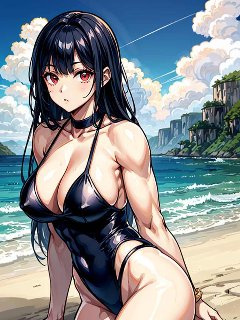 (((masterpiece、Highest image quality、highest quality、highly detailed unity 8kwallpaper)))、((Illustration of one girl))、(((beautiful girl)))、((black hair:1.3、straight hair、Very Longhair、golden hair ornament、red eyes))、(tall:1.3、stocky build:1.9, thickset physique, muscular legs, broad shoulders, solid chest)、swimsuit、sandy beach