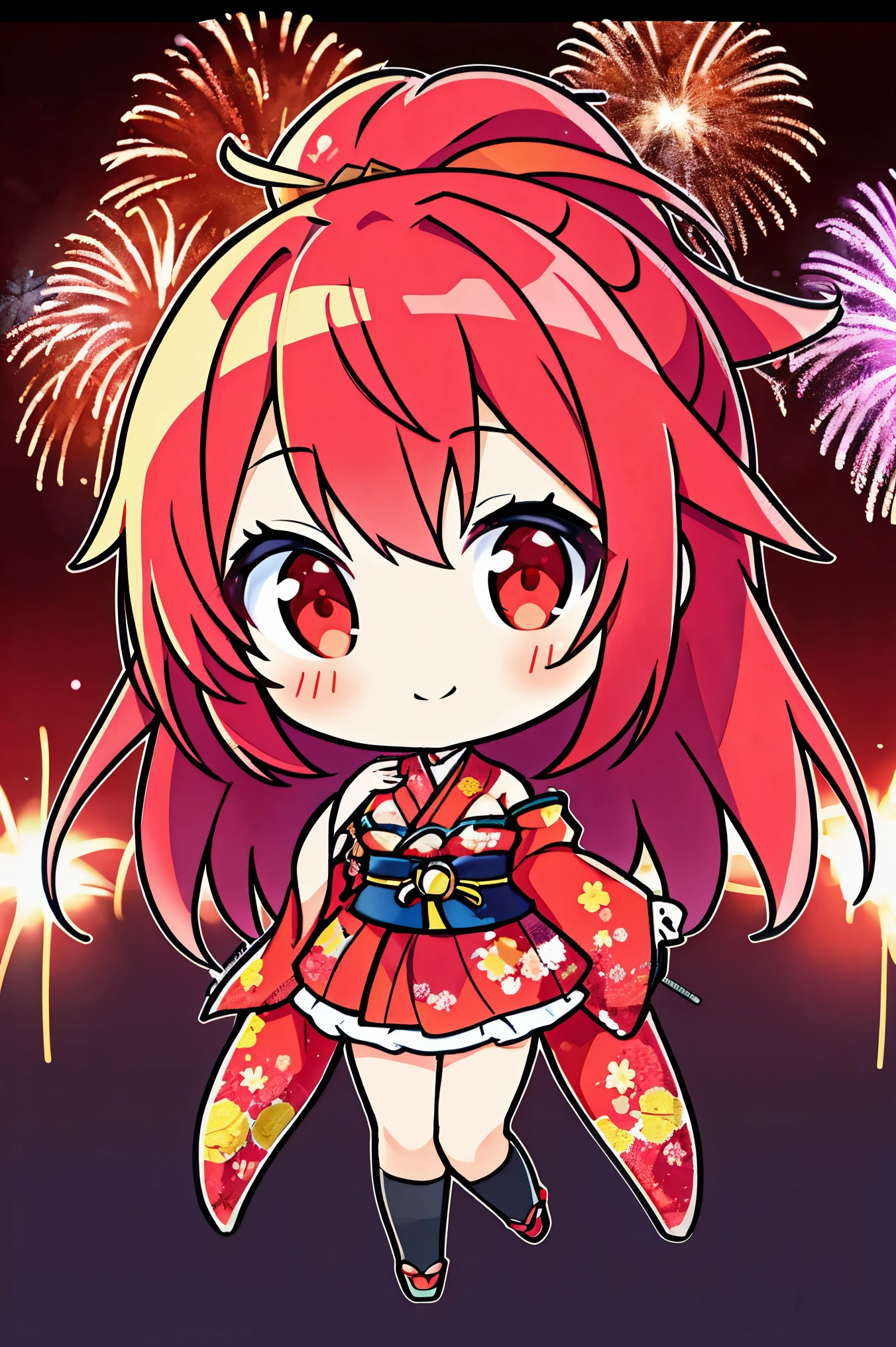"anime girl, 1 person, red hair, shoulder length hair, dark red eyes, wearing flower hairpin, female kimono, red kimono with gold border pattern, big breasts, long stockings, blushing smile, standing still cross-legged,chibi,full body, solo, view from different angles, festival, New Year's Eve fireworks, fireworks viewing, night (full HD 4K+ image)"
