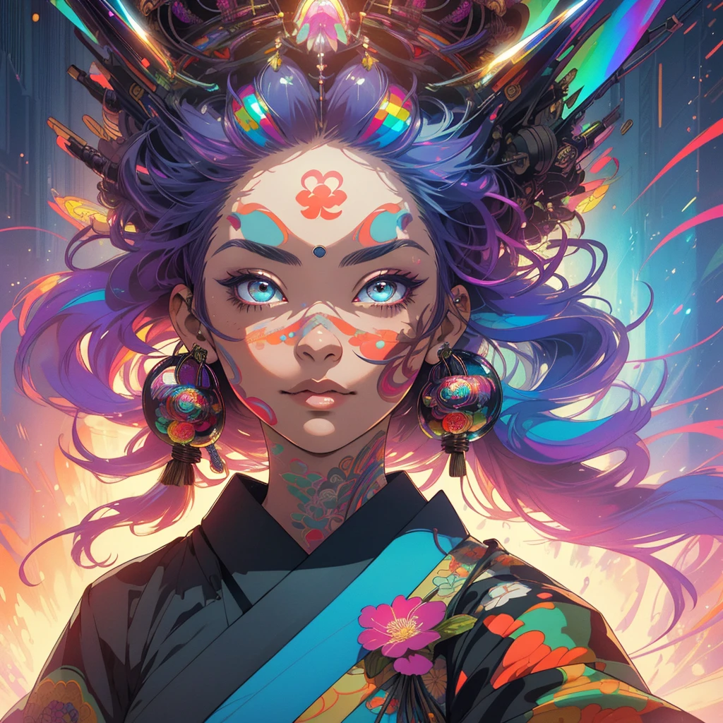 (((highest quality))),detailed eyes,(((32k))),1 girl,rainbow colored hair,tattoo,cyber punk,Rainbow kimono,Luxurious and gorgeous,Shiny skin,earrings,flashy,Super beautiful woman,perfect face,Japanese sword,Oiran,ultimate texture,official art,