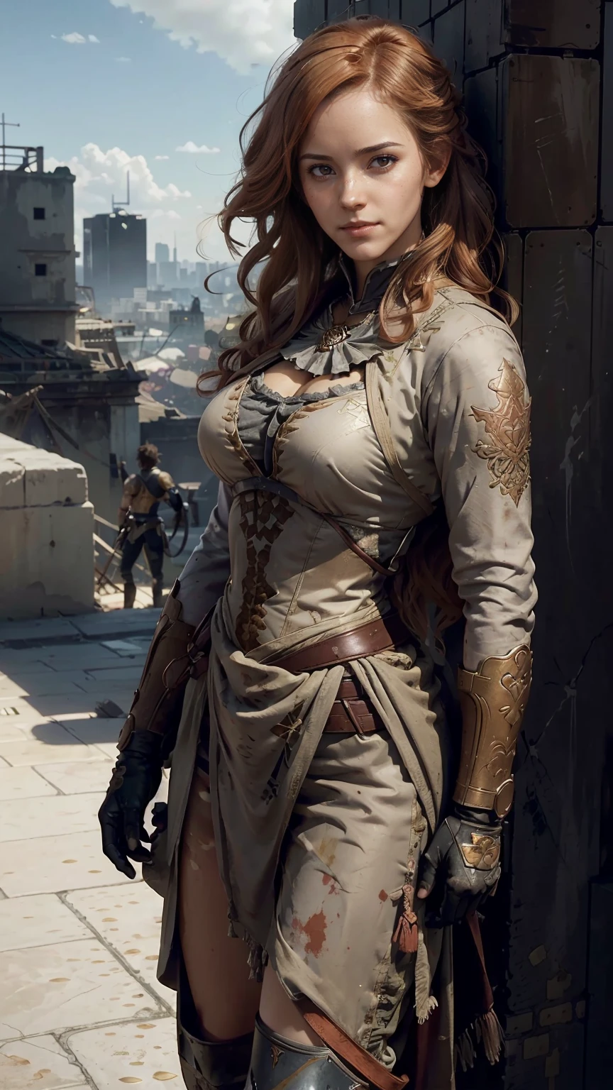 beautiful woman, orange eyes, (blush your nose), fine eyes, cinematic, paint:Greg Rutkowski, Yoji Shinkawa: 0.6 long curly orange hair, defined body, Wearing detailed Victorian-era armor (((Super strong)), masterpiece, highest quality, super detailed, ground, destroyed city background, Shadow, contrast, gray sky, style (look at the audience: 1.2) (skin texture) (film grain:  1.3), ultra high resolution, octane rendering, 16k