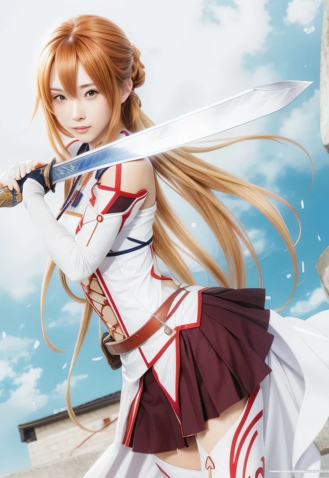 anime girl with sword and sword in hand in front of blue sky, 28-years-old asuna yuuki