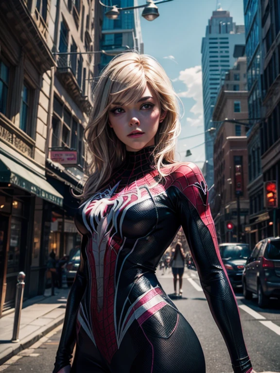 (best quality), (HDR), (1girl), (spidergwen), (perfect face), (perfect body), (perfect breast), hanging upsidedown from a Street light pole by webs, (spider webs), (detailed light and shadows), superhero, Gwen Stacy, spidergirl, 3D, digital art style