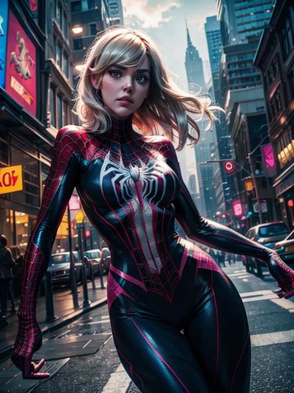(best quality), (HDR), (1girl), (spidergwen), (perfect face), (perfect body),  (perfect breast), hanging upsidedown from a Street light pole by webs, (spider webs), (detailed light and shadows), superhero, Gwen Stacy, spidergirl, 3D, digital art style 