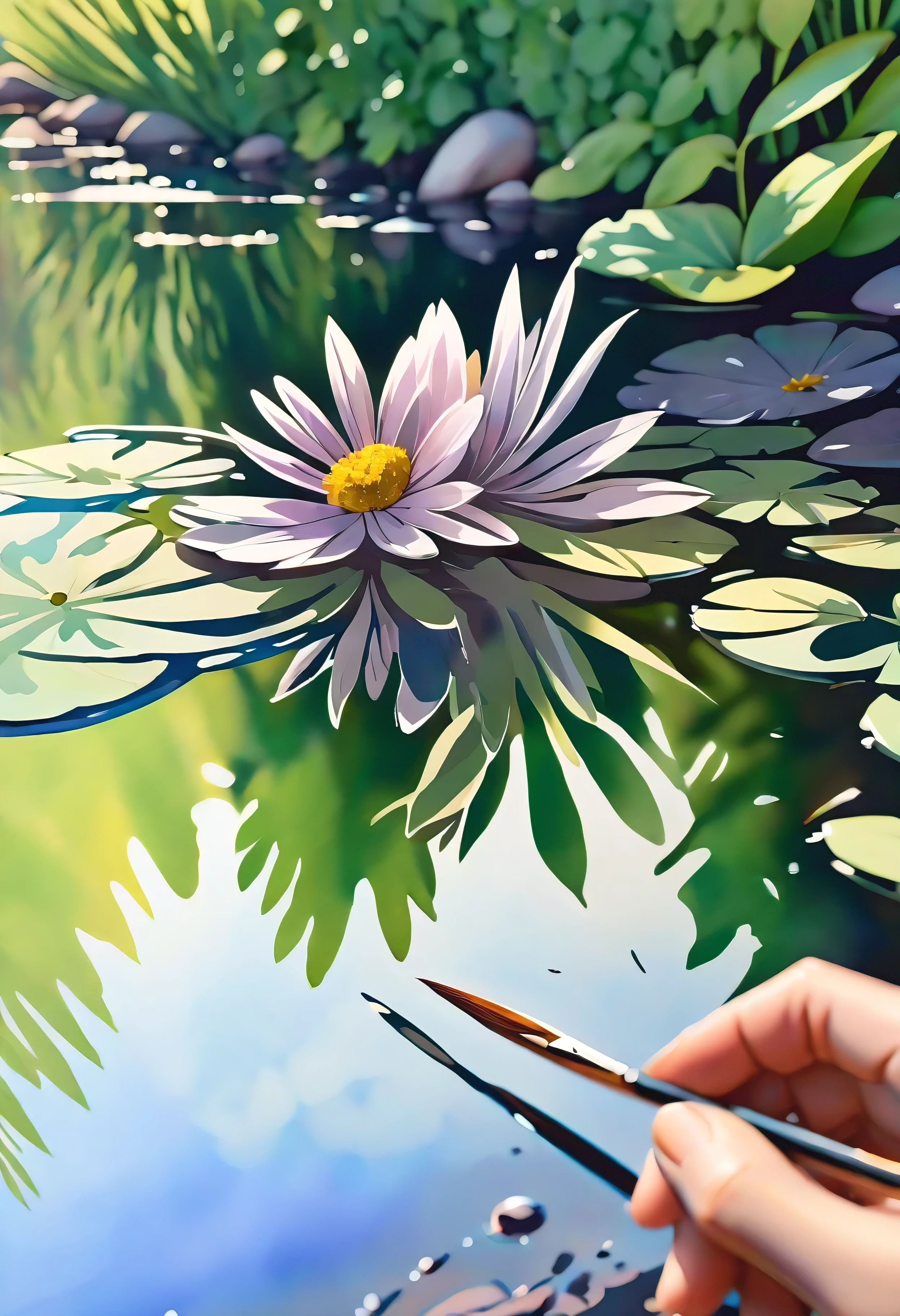 (((watercolor:1.5))), (((watercolor atmosphere:1.4))), (((crystal clear water reflection background:1.3))), (((Transparent flower:1.4))), (((Movie-like still images and dynamic angles:1.3))), (((cool and beautiful shadow silhouette:1.1))), Gouache with intricate details, Add a touch of realism to this visually detailed and stylistically diverse masterpiece, Detailed brushstrokes have been enhanced, Careful brushwork creates an atmosphere, Utilize delicate yet powerful brushstroke techniques, Create an enchanting atmosphere. highly detailed gouache, (((Unparalleled sharpness and clarity:1.1))), (((Radiosity rendered in stunning 32K resolution:1.3))), All captured with sharp focus.