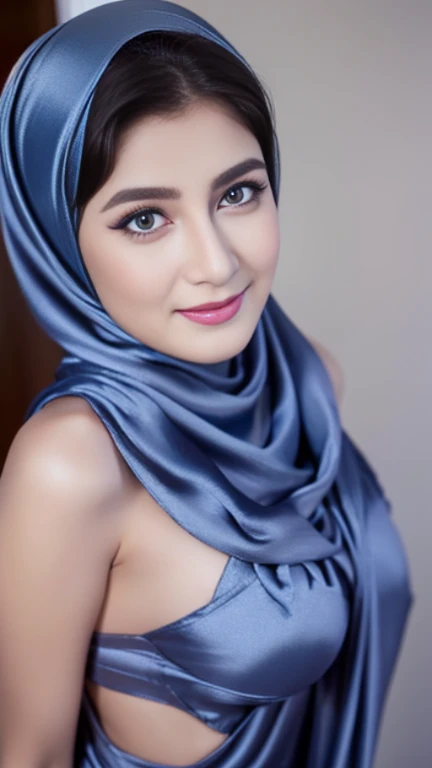 Masterpiece, realistic, best quality, best lighting, 1 pretty girl with angelic face, ((full bodyshot)), beautifully makeup, eyeshadow, Parted Lips, Detailed Eyes, beautiful big eyes, long eye lashes, smile, wearing ((Dark blue satin headscarf)), loosely tide hijab style, (strip girl, full naked), exposed cleavage, very big breast, (seducing, sexy pose)
