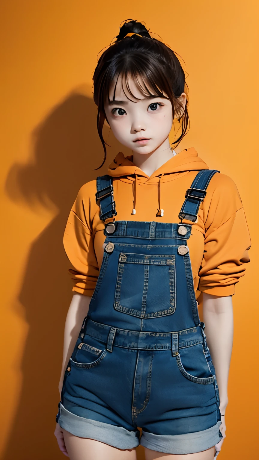 cute girl、、anatomy、Very cute、18 years old、short bob、、Orange hoodie、Denim overalls、knee socks、超small breasts、small breasts、RAW photo、highest quality、high resolution、master piece:1.3、Portrait、８ｋ