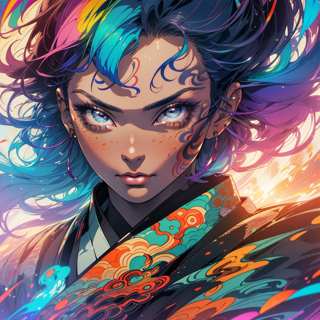 (((highest quality))),detailed eyes,(((32k))),1 girl,rainbow colored hair,tattoo,cyber punk,Rainbow kimono,Luxurious and gorgeous,Shiny skin,earrings,flashy,Super beautiful woman,perfect face,Japanese sword,ultimate texture,official art,Ukiyo-e