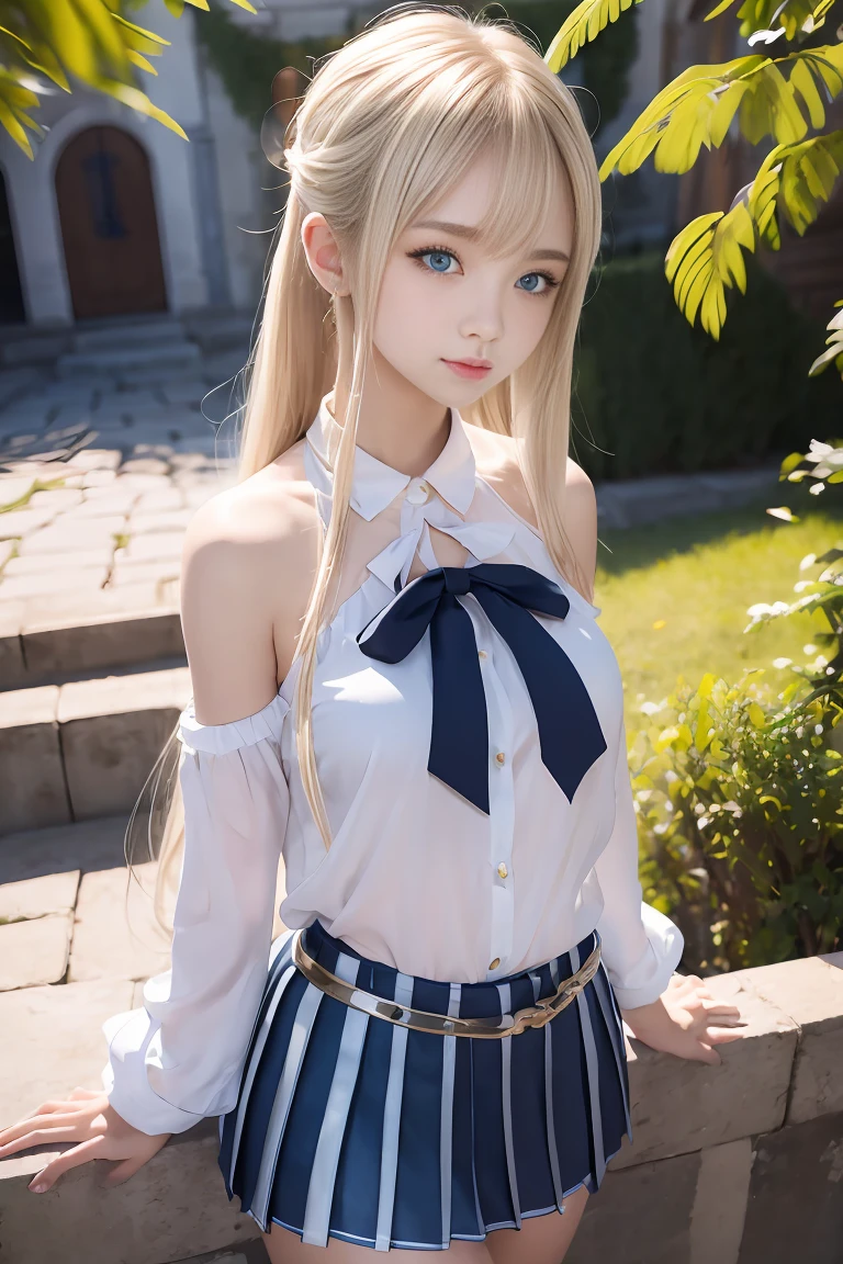 bright look、ponytail、young shiny glossy white shiny skin、best beauty、Blonde reflected light、Platinum blonde hair with dazzling highlights、shiny bright hair,、Super long straight hair、Shining beautiful bangs、Sparkling crystal clear charming big blue eyes、very beautiful lovely cute 16 year old girl、rich bust,beautiful and fine eyes, beautifully detailed nose,(( whole body:1.25)),Makeup that the eyes emphasize、((Pleated skirt with many folds)),(A woman like Joan of Arc)、armor、knight, With a sword and shield,royal style,comic style, , Scattered beneath the surface, gorgeous details, nature background, surreal, cinematic, dramatic lighting, table top、highest quality、Super high resolution、(Photoreal:1.4)、1 girl、off shoulder white shirt、