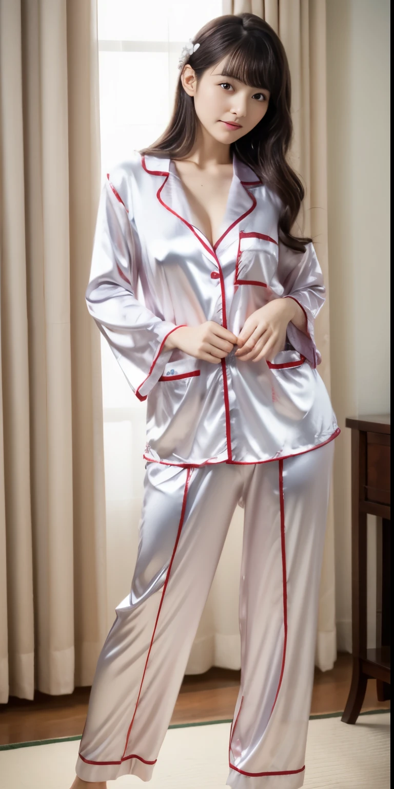 highest quality, best image quality, highest resolution, Super detailed, wearing satin pajamas, Satin pajamas material is shiny, soft and smooth to the touch, No underwear is worn, Breast C cup, Japan fashion models, A full body shot that includes the face, The target audience is one person, sweaty,