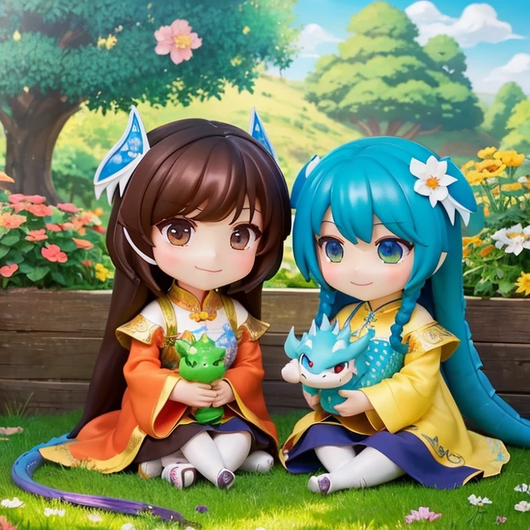 The Nendoroid-style figure is depicted with a cute two-headed girl and a dragon. The painting style is anime, with bright colors and fine details. The girl is smiling and the dragons are snuggled up close together. The background is a lush green garden with bright flowers and trees. White clouds float in the blue sky and bright sunlight shines on them. The girl and dragon are sitting quietly, enjoying the beautiful scenery around them.