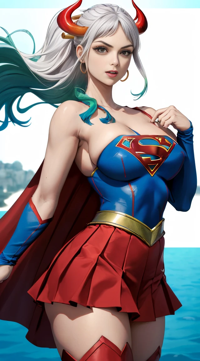 (melhor qualidade:1.3), Supergirl, capa vermelha, S do super-homem no peito, blue swimsuit, Red skirt, botas vermelhas, (demon girl), very huge breasts, sedutora, sexy, cabelo branco com as pontas verde claro, chifre com as pontas vermelho