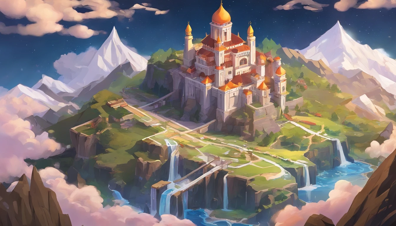 Neoclassicism, drop shadow, masterpiece,(Midnight hour),A tall Gothic castle stands on the mountains,Above the clouds,它以Milky Way为幕布,Mountain as stage。Clouds and shooting stars intertwined,It seems to be an otherworldly scenery。The picture is like a symphony of colors。(warm light:1.25),(Waterfalls cascade down),(Milky Way)