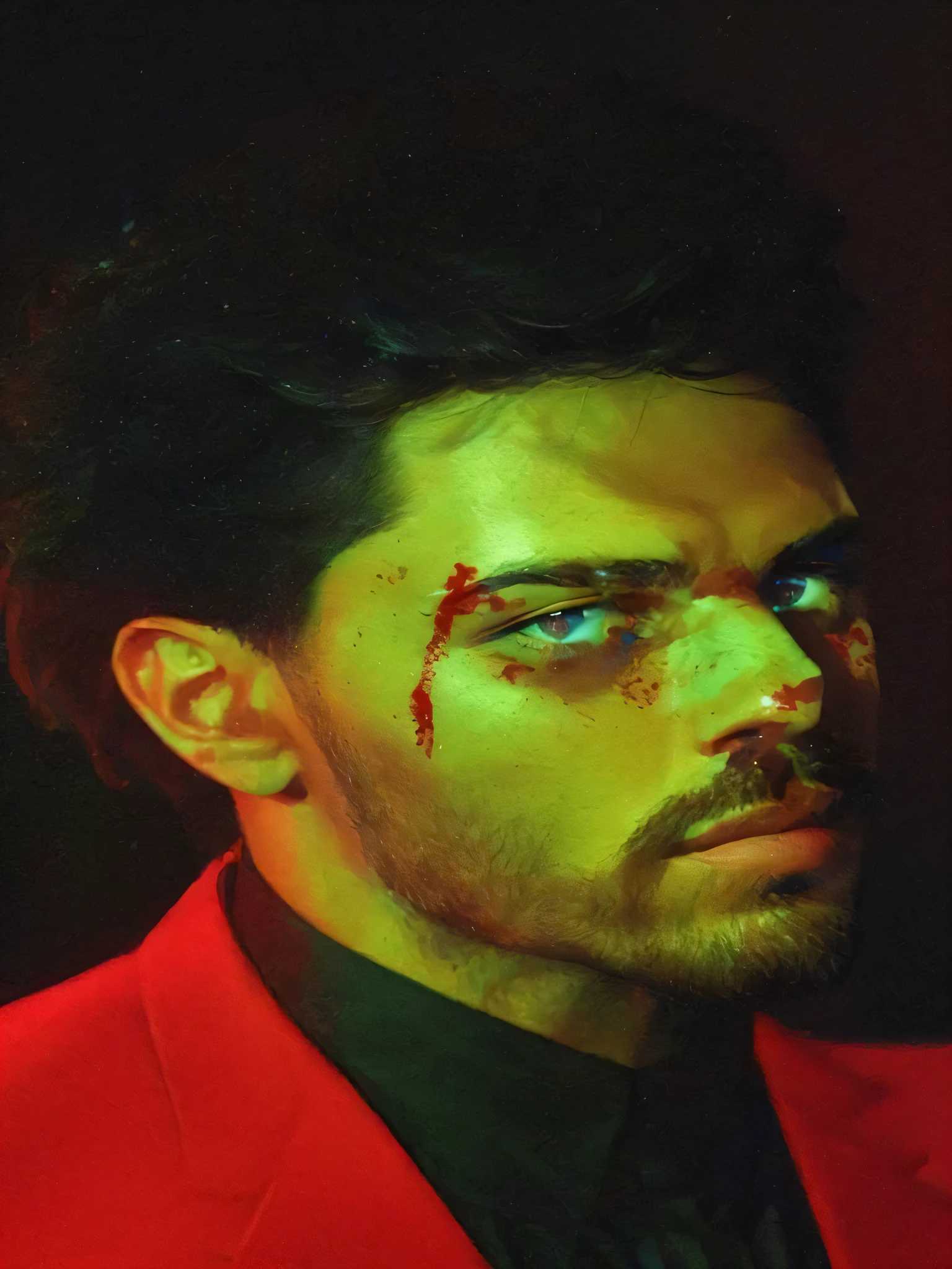 faaris azura with a bloody face and blue eyes a red jacket, fully red eyes, edited, fully red eyes and blue pupils, blue eyes, with blue eyes, faaris azura wearing a black and red suit, faaris azura blue eyes, faaris azura, blue eyed faaris azura, handsome faaris azura