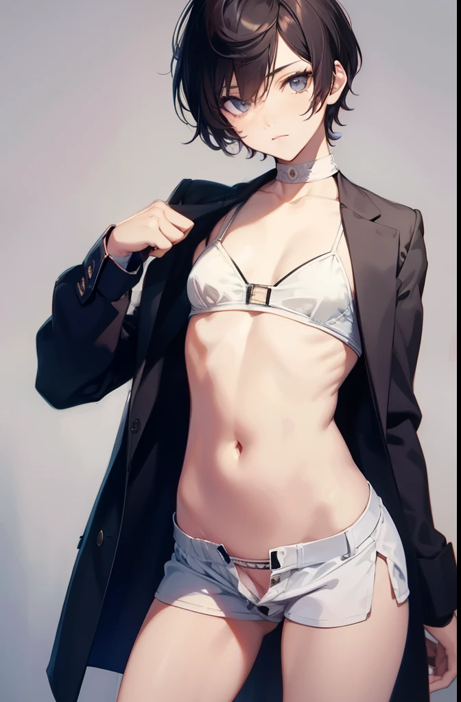 transgender, showing chest, showing crotch, flat chested, very short hair, no pants, showing dick,