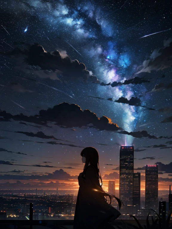 (main subject), stars (sky), scenery, stars and sky, night, 1 girl, night sky, solitude, outdoors, building, clouds, Milky Way, session, tree, long hair, city, silhouette, cityscape (art style), color tone, lighting
