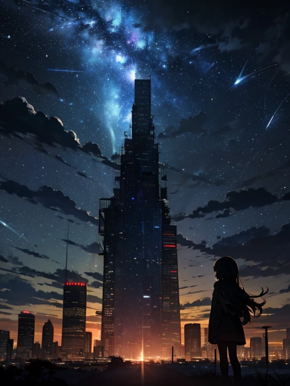 (main subject), stars (sky), scenery, stars and sky, night, 1 girl, night sky, solitude, outdoors, building, clouds, Milky Way, session, tree, long hair, city, silhouette, cityscape (art style), color tone, lighting