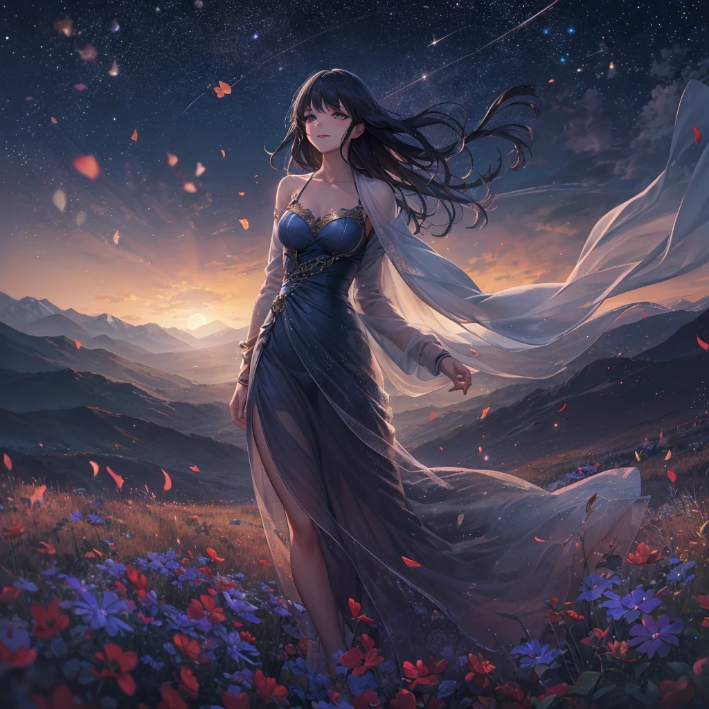 (best quality, 8K, RAW photos, masterpiece:1.2),1 girl with black hair and blunt bangs, beautiful detailed eyes, faint lips, and a teasing smile. She is looking away with shiny skin, wearing a transparent summer dress that accentuates her cleavage. The scene is set in a vast field surrounded by mountains, with a starry sky above.
In the scene, the girl stands confidently with her hands on her hips, her body slightly turned to the side to emphasize her curves. The dress, made of translucent fabric, flutters in the gentle breeze, revealing her silhouette in an alluring yet tasteful way.
Her black hair cascades down past her shoulders, reflecting the moonlight, while her eyes sparkle with a mischievous glint. The faint hint of a smile on her lips adds to her mysterious charm.
The fields stretch out endlessly, filled with wildflowers of vibrant colors, blending into the distant mountains. The sky above is adorned with countless stars, their light illuminating the scene with a dreamlike quality.
The image exudes a sense of freedom and serenity, inviting the viewer to imagine the stories hidden within the vast landscape. The combination of the girl's confident stance, the ethereal dress, and the natural beauty of the surroundings creates a captivating atmosphere that captures the essence of a magical summer night.