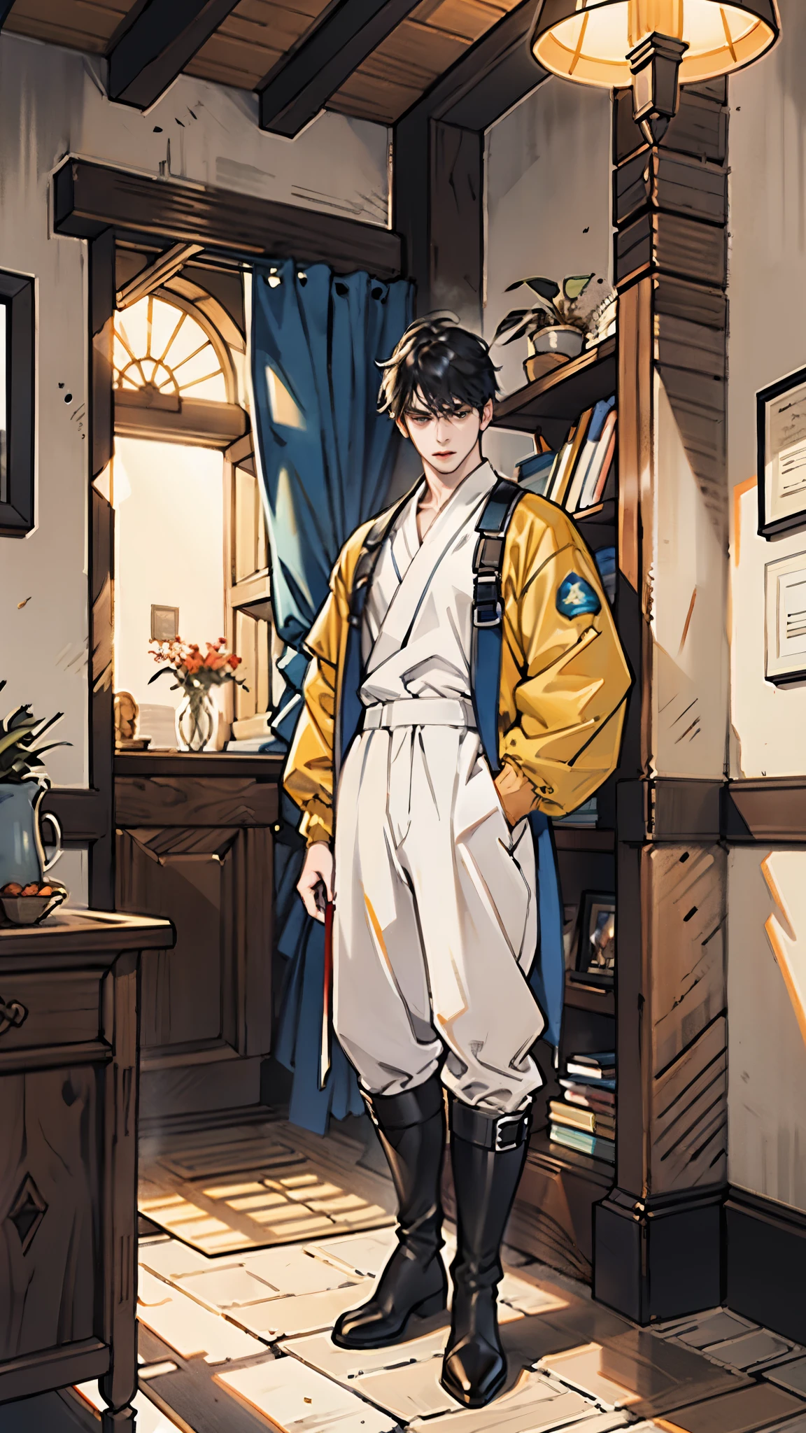 In the backdrop of an ancient fantasy-reality setting, a youth sporting a platinum crew cut displays a piercing gaze and confident demeanor. Adorned in a two-piece fusion outfit, seamlessly blending Western and Eastern influences, he wears a snug dark top paired with a vibrant yellow-blue short jacket. The lower half features loose white utility pants, and his sturdy long boots echo through the corridors of an antiquated architectural landscape. The overall aesthetic captures the essence of a refined and mature anime-inspired rogue, symmetrical face, extremely detailed eyes and face, high quality eyes, high definition, highres, ultra-fine painting, exquisite and mature, extremely delicate, professional, anatomically correct, creativity, UHD, HDR, 32k, Natural light, cinematic lighting, best shadow, masterpiece-anatomy-perfect, best quality, masterpiece, ultra-detailed