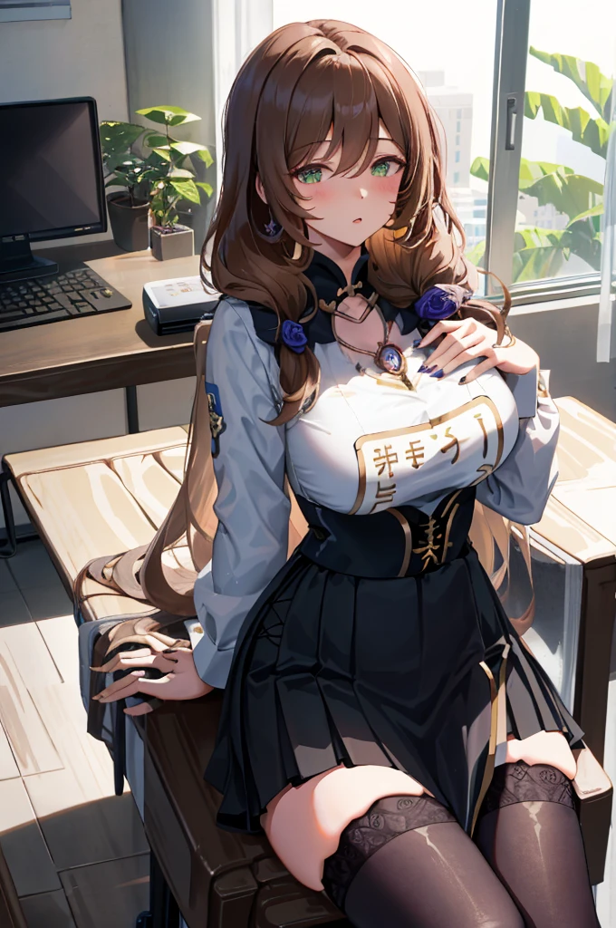Lisa, genshin impact, 1 girl, alone, ((white shirt)), black Thighhighs, huge breasts, cleavage, uniform, office background, black skirt, pleated skirt, office, hair between eyes, messy hair, large chest, long hair, looking at the viewer, brown hair, red short nails, green eyes, alone, Thighhighs, thick thighs, very long hair, ((masterpiece)), sitting, Chair, machine, computer on machine, name tag, id tag, indoor, Put your hands on your chest, Touching the chest, blush, Half-closed eyes, open your mouth,