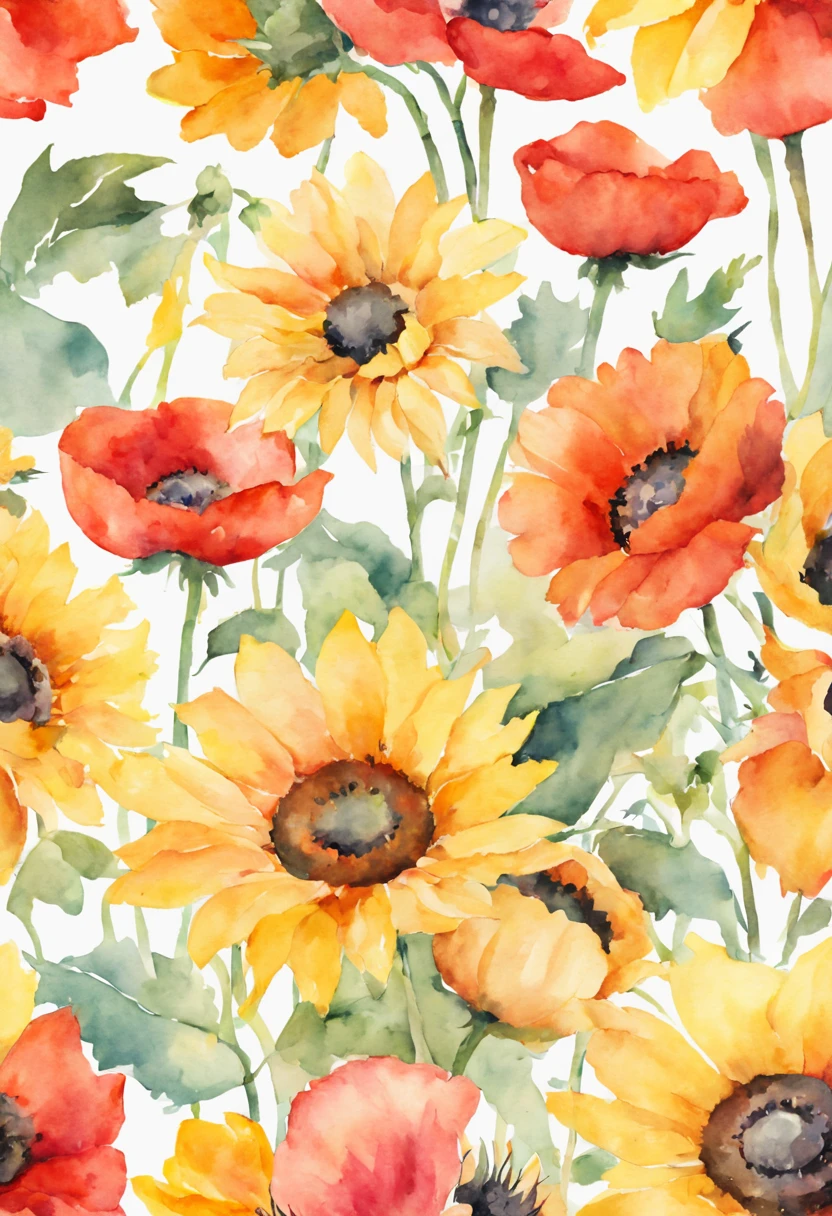 masterpiece, best quality, loose watercolor, sunflowers, poppies, soft strokes, bright colors, clean background, high resolution
