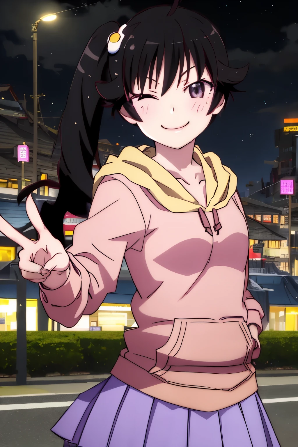 masterpiece, highest quality, ultra high resolution, highest quality, anime style, best writing, beautiful face, 1 girl, alone,  Ren Araki, long hair,  side ponytail, Ahoge, (Pink hoodie:1.3), (denim skirt:1.3), Egg garnish, 
city background,  In front of the station, extreme close up, smile, night, (fit hands:1.), (wink:1.3), smile