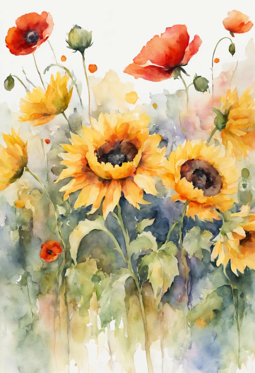 masterpiece, best quality, loose watercolor, sunflowers, poppies, soft strokes, bright colors, clean background, high resolution