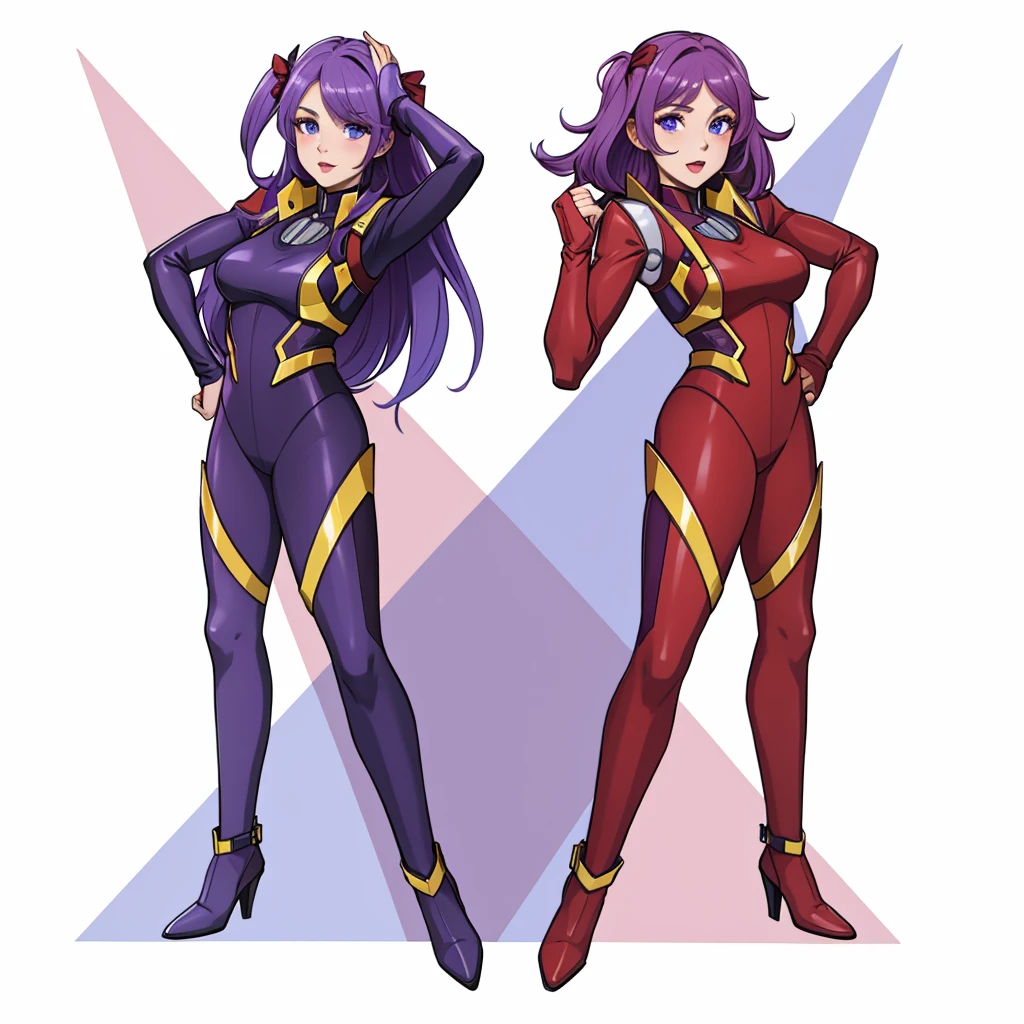 two  women in a purple and red outfit, full body portrait, bodysuits, purple hairs, blue eyes, high heels, shoulderless vests, posing