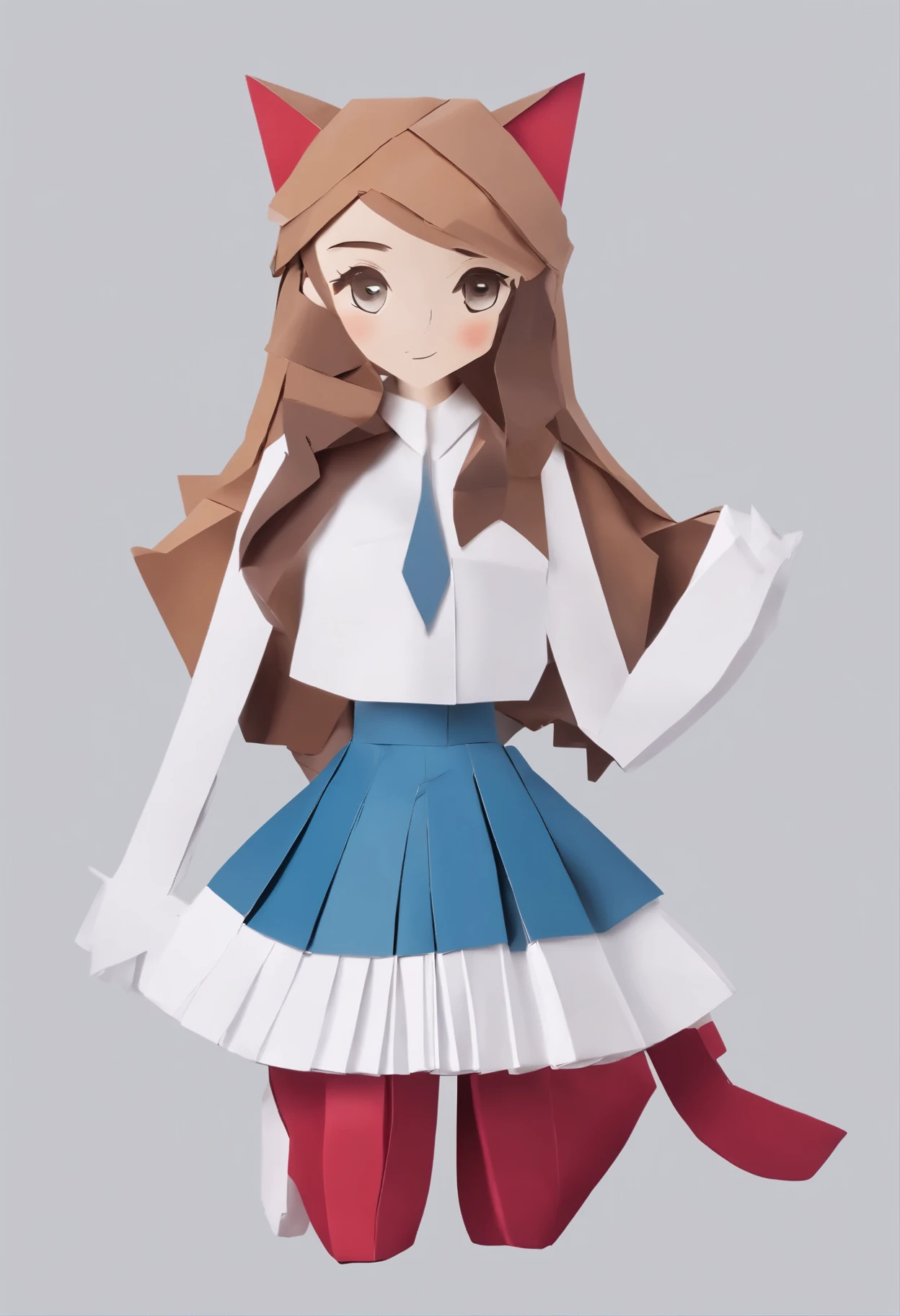 Light brown medium length hair, white top and on top a gray-blue jacket with pockets,dark red tie,чëрная маска To the eyes, White socks and white-gray shoes, Cat fluffy big tail dark chestnut,cat ears dark brown, gray-blue eyes with black pupils in the shape of a cross, blue skirt with white stripe at the bottom, Confused, bright blush, black face mask(To the eyes) ,Black gloves