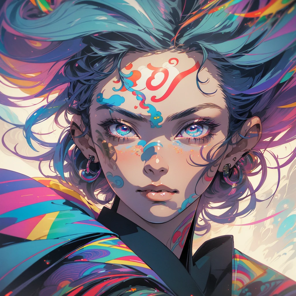 (((highest quality))),detailed eyes,(((32k))),1 girl,rainbow colored hair,tattoo,cyber punk,Rainbow kimono,Luxurious and gorgeous,Shiny skin,earrings,flashy,Super beautiful woman,perfect face,Japanese sword,ultimate texture,official art,Ukiyo-e