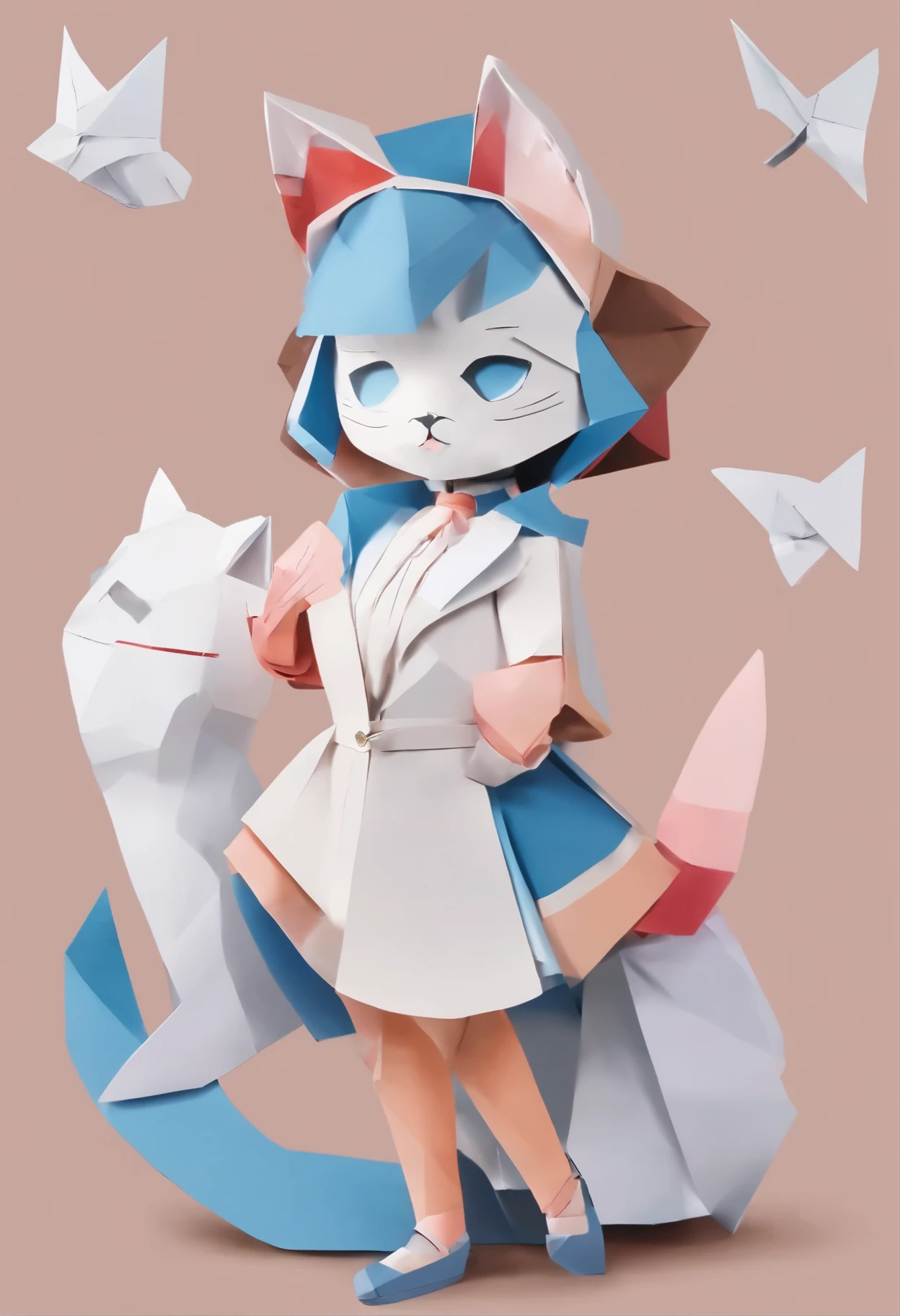Light brown medium length hair, white top and on top a gray-blue jacket with pockets,dark red tie,чëрная маска To the eyes, White socks and white-gray shoes, Cat fluffy big tail dark chestnut,cat ears dark brown, gray-blue eyes with black pupils in the shape of a cross, blue skirt with white stripe at the bottom, Confused, bright blush, black face mask(To the eyes) ,Black gloves

