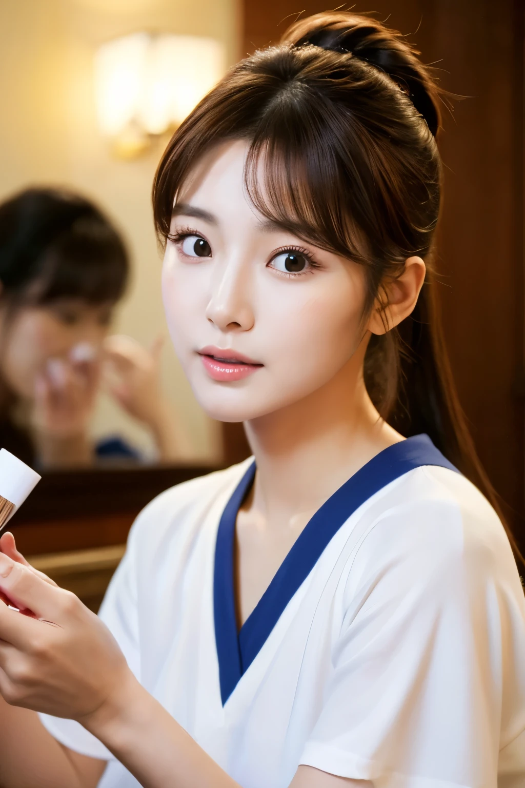 ポニーテールのbeautiful korean woman、Holding a glass of shochu in the room、Relaxing and drinking shochu with friends、T-shirt、she is a makeup artist、I am trying my best to put on makeup for a male idol.、Earnest look、has a makeup brush in hand、Moist eyes、Beautiful woman、cute actress、real、high resolution、beautiful korean woman、A ponytail suits you、Eyes that seem to have something to say、the body is turned to the side、Only his face is looking at the camera、Korean actress portrait