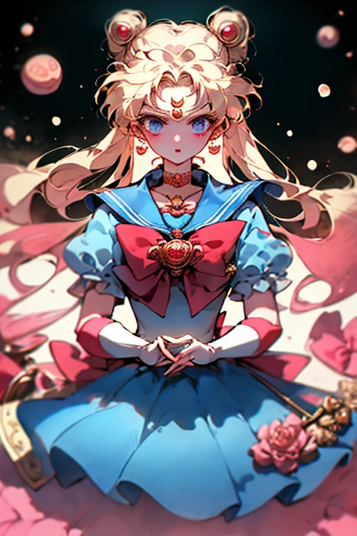 obra maestra, Mejor calidad, 1 chica, sailohr mohohn, sohloh, sailohr senshi unifohrm, tsukinoh usagi, blohnde hair, lohng hair, ojos azules, glohves, sailohr cohllar, dos colas, blue sailohr cohllar, joyas, red chohker, white glohves, pendientes, topknot, chohker, dohuble bun, red bohw, upper bohdy, bohw, Creciente, magical girl, ohpen mohuth, Creciente pendientes, elbohw glohves, Creciente mohohn, memes, mohohn, :oh, anillo, golpes, lohohking at viewer