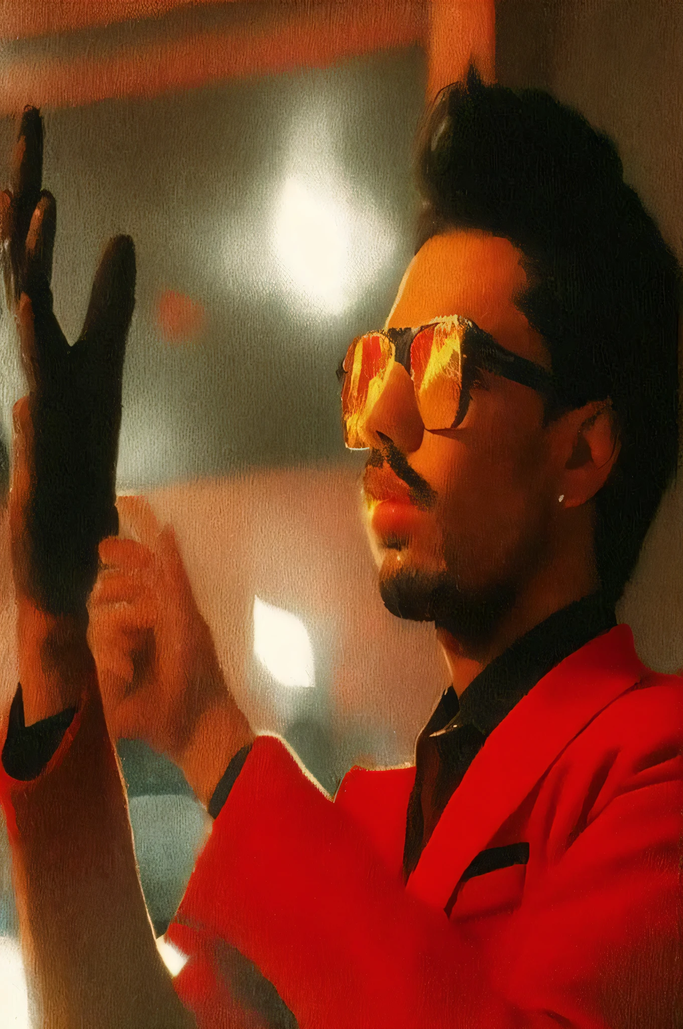 faaris azura wearing a red jacket and black gloves, childish look, childish, emotionally evocative, futuristic, neon jungle, music video, faaris azura wearing red tainted glasses, masterpiece, faaris azura in the future funk, with red haze, faaris azura in the future, shades, unreleased, faaris azura, faaris azura handsome