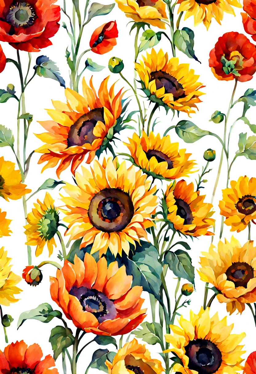 masterpiece, best quality, loose watercolor, sunflowers, poppies, soft strokes, bright colors, clean background, high resolution