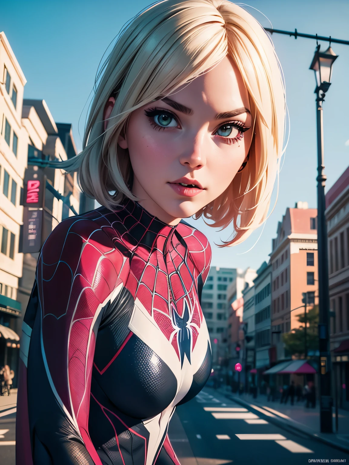(best quality), (HDR), (1girl), (spidergwen), (perfect face), (perfect body), beautiful girl hanging from a Street light pole by webs, (detailed light and shadows), superhero, Gwen Stacy, spidergirl, 3D, digital art style