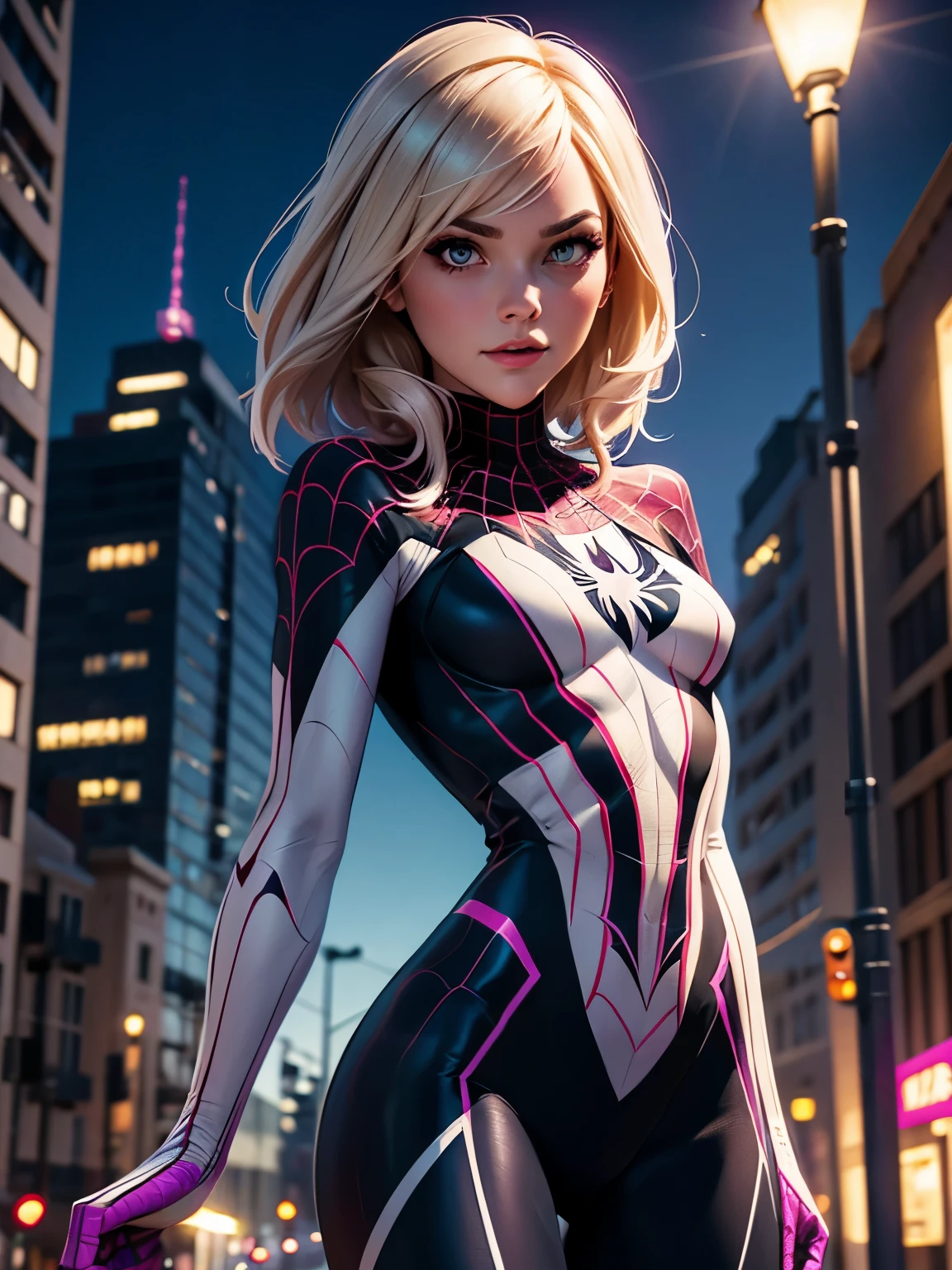 (best quality), (HDR), (1girl), (spidergwen), (perfect face), (perfect body), beautiful girl hanging from a Street light pole by webs, (detailed light and shadows), superhero, Gwen Stacy, spidergirl, 3D, digital art style