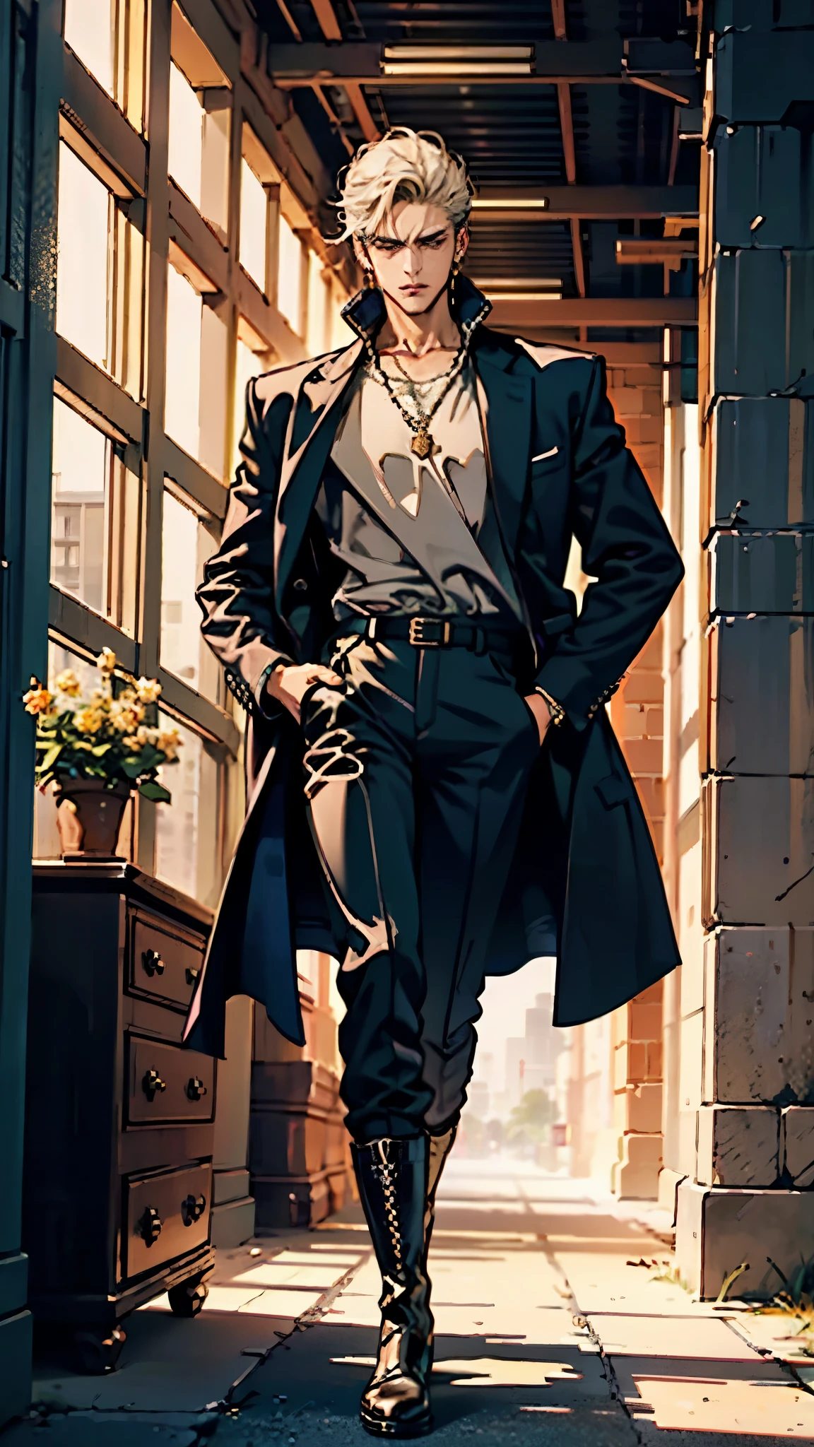 In the backdrop of an ancient fantasy-reality setting, a youth sporting a platinum crew cut displays a piercing gaze and confident demeanor. Adorned in a two-piece fusion outfit, seamlessly blending Western and Eastern influences, he wears a snug dark top paired with a vibrant yellow-blue short jacket. The lower half features loose white utility pants, and his sturdy long boots echo through the corridors of an antiquated architectural landscape. The overall aesthetic captures the essence of a refined and mature anime-inspired rogue, symmetrical face, extremely detailed eyes and face, high quality eyes, high definition, highres, ultra-fine painting, exquisite and mature, extremely delicate, professional, anatomically correct, creativity, UHD, HDR, 32k, Natural light, cinematic lighting, best shadow, masterpiece-anatomy-perfect, best quality, masterpiece, ultra-detailed
