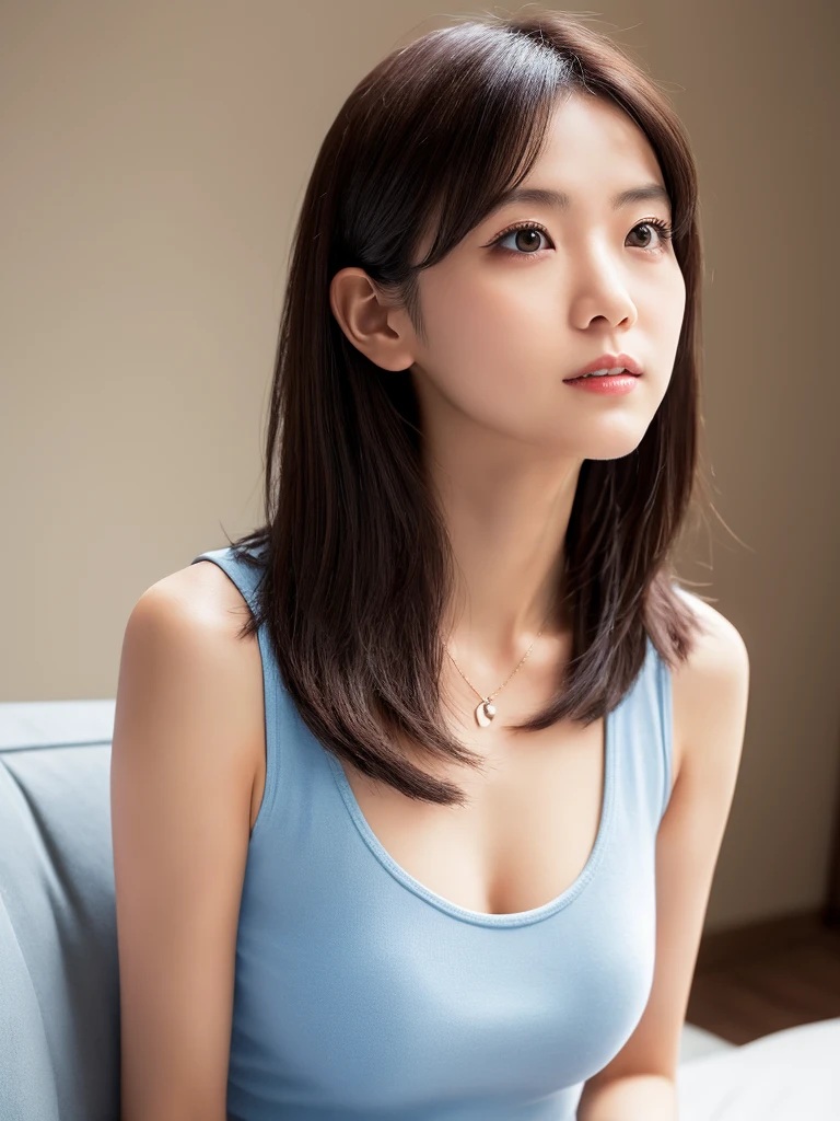a skinny Japanese lady, 20 years old, (realistic), (hyperrealism), (photorealistic), (8K resolusion), depth of field, (upper-body:1.2), super detailed face, detailed eyes, cute face, various face expression, various hair style, (small breasts:0.6), (very thin waist:0.7), casual outfit