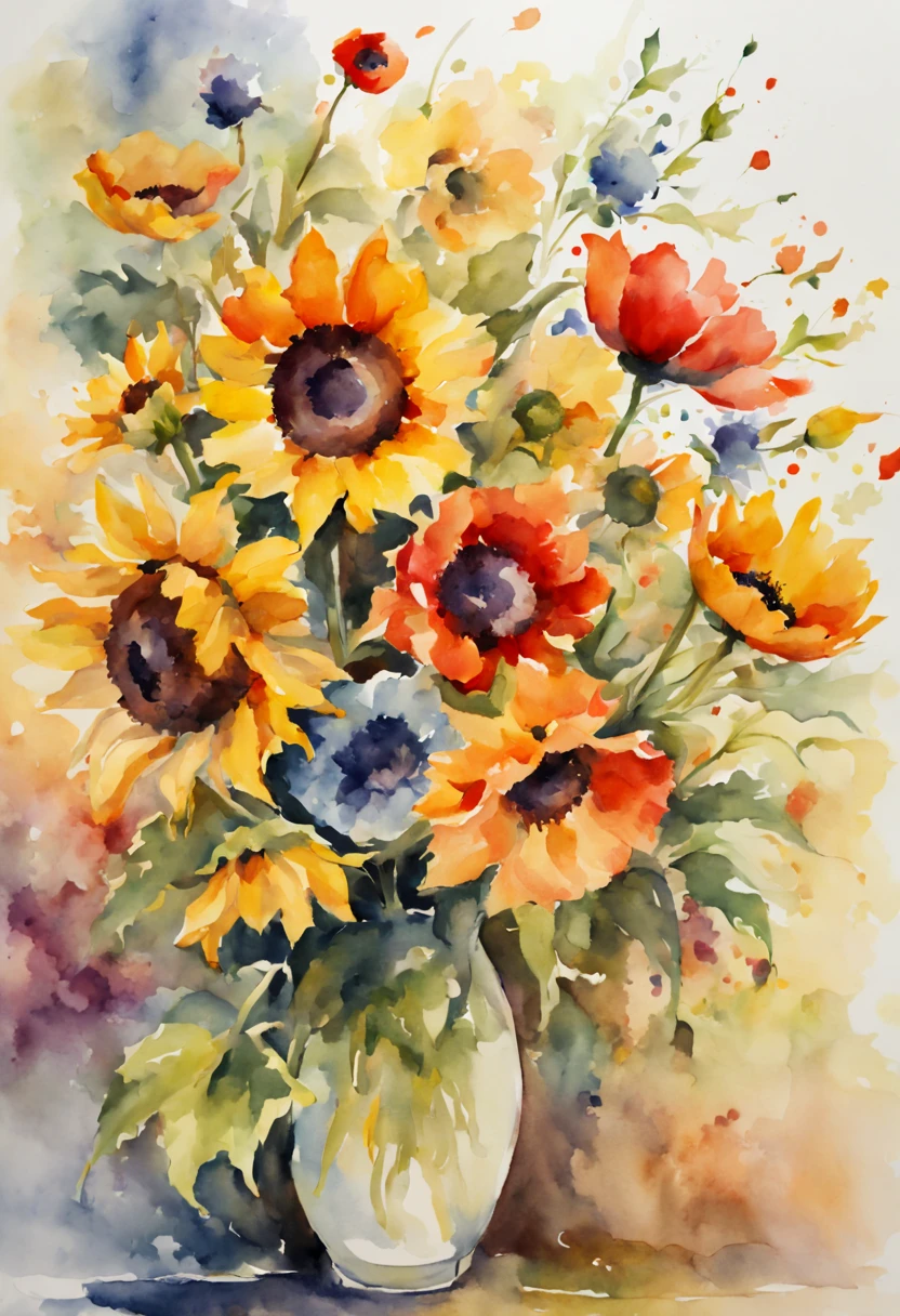 masterpiece, best quality, loose watercolor, sunflowers, poppies, soft strokes, bright colors, clean background, high resolution