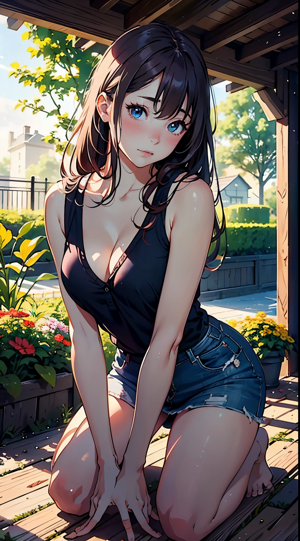 (highest quality, High resolution, realistic),Cute redhead girl blushing,kneel in a blooming garden,adorable, Lovely, attractive,love, peaceful atmosphere,wood々Soft sunlight shining in from between,breeze,Tender flowers,How to create captivating scenes.[figure]