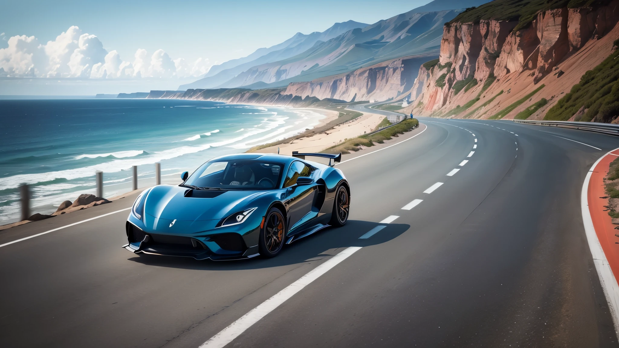high-res,sports car,coastal highway,vivid colors,beautiful scenery,sunny day,shimmering ocean,curvy road,windy breeze,fast speed,sleek design,reflective surface,smooth asphalt,clear blue sky,panoramic view,adventurous journey,endless horizon,exciting experience,coastal cliffs,seaside towns,refreshing atmosphere,leisurely drive,exhilarating moments,thrilling adventure,road trip dream,car enthusiasts' paradise,luxury vehicle,expensive taste,freedom and speed,dynamic motion,powerful engine,precision handling
