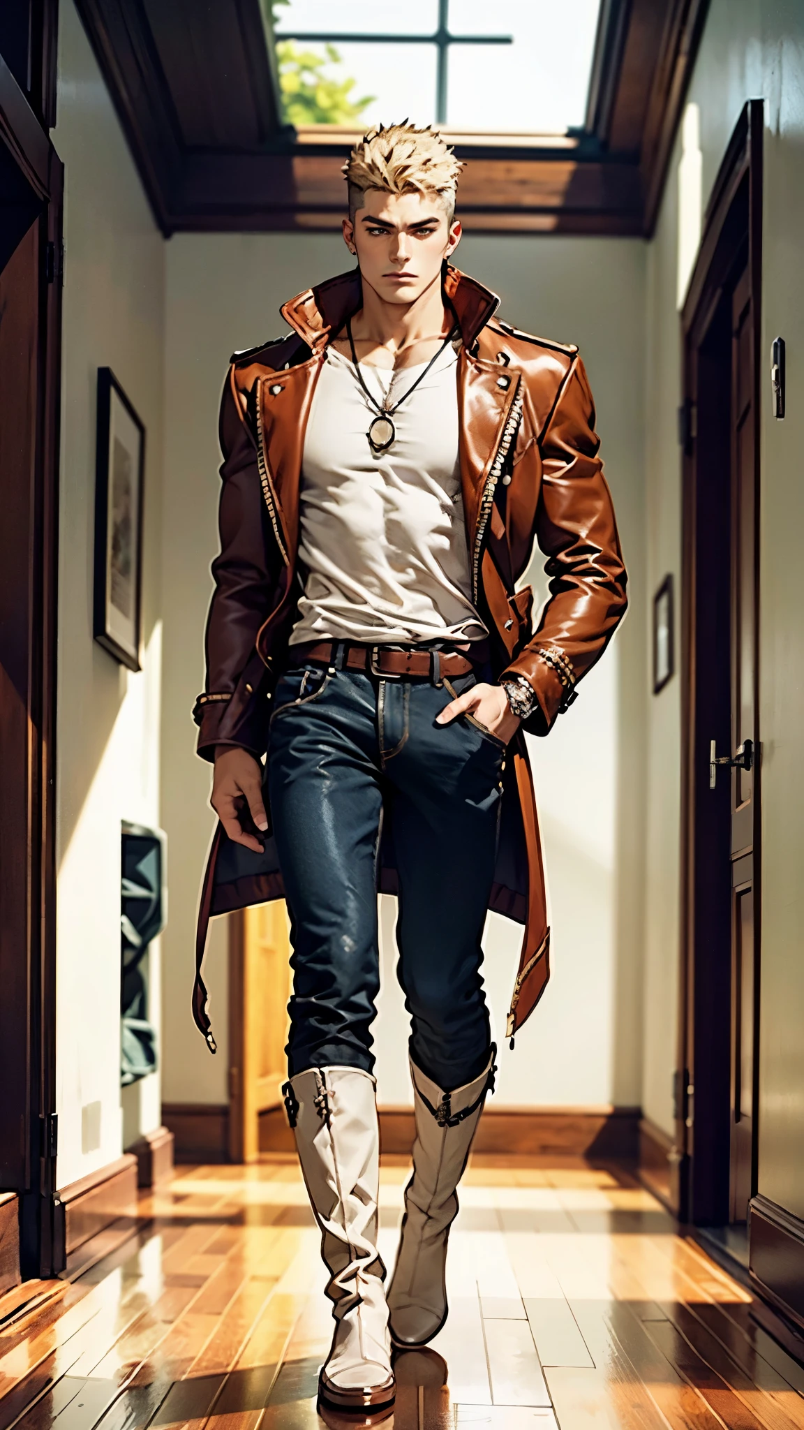 In the backdrop of an ancient fantasy-reality setting, a youth sporting a platinum crew cut displays a piercing gaze and confident demeanor. Adorned in a two-piece fusion outfit, seamlessly blending Western and Eastern influences, he wears a snug dark top paired with a vibrant yellow-blue short jacket. The lower half features loose white utility pants, and his sturdy long boots echo through the corridors of an antiquated architectural landscape. The overall aesthetic captures the essence of a refined and mature anime-inspired  rogue, symmetrical face, extremely detailed eyes and face, high quality eyes, high definition, highres, ultra-fine painting, exquisite and mature, extremely delicate, professional, anatomically correct, creativity, UHD, HDR, 32k, Natural light, cinematic lighting, best shadow, masterpiece-anatomy-perfect, best quality, masterpiece, ultra-detailed