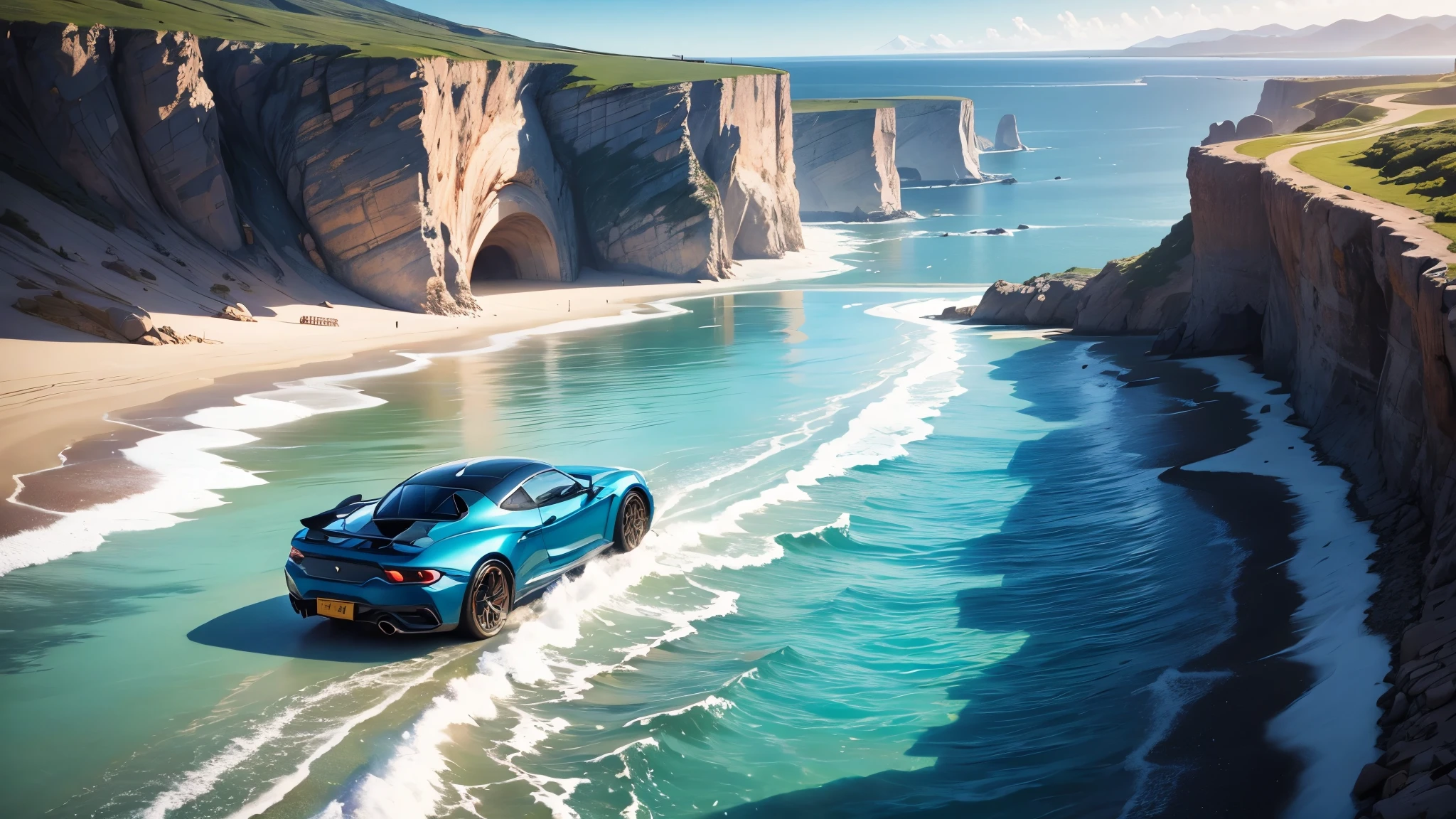 high-res,sports car,coastal highway,vivid colors,beautiful scenery,sunny day,shimmering ocean,curvy road,windy breeze,fast speed,sleek design,reflective surface,smooth asphalt,clear blue sky,panoramic view,adventurous journey,endless horizon,exciting experience,coastal cliffs,seaside towns,refreshing atmosphere,leisurely drive,exhilarating moments,thrilling adventure,road trip dream,car enthusiasts' paradise,luxury vehicle,expensive taste,freedom and speed,dynamic motion,powerful engine,precision handling