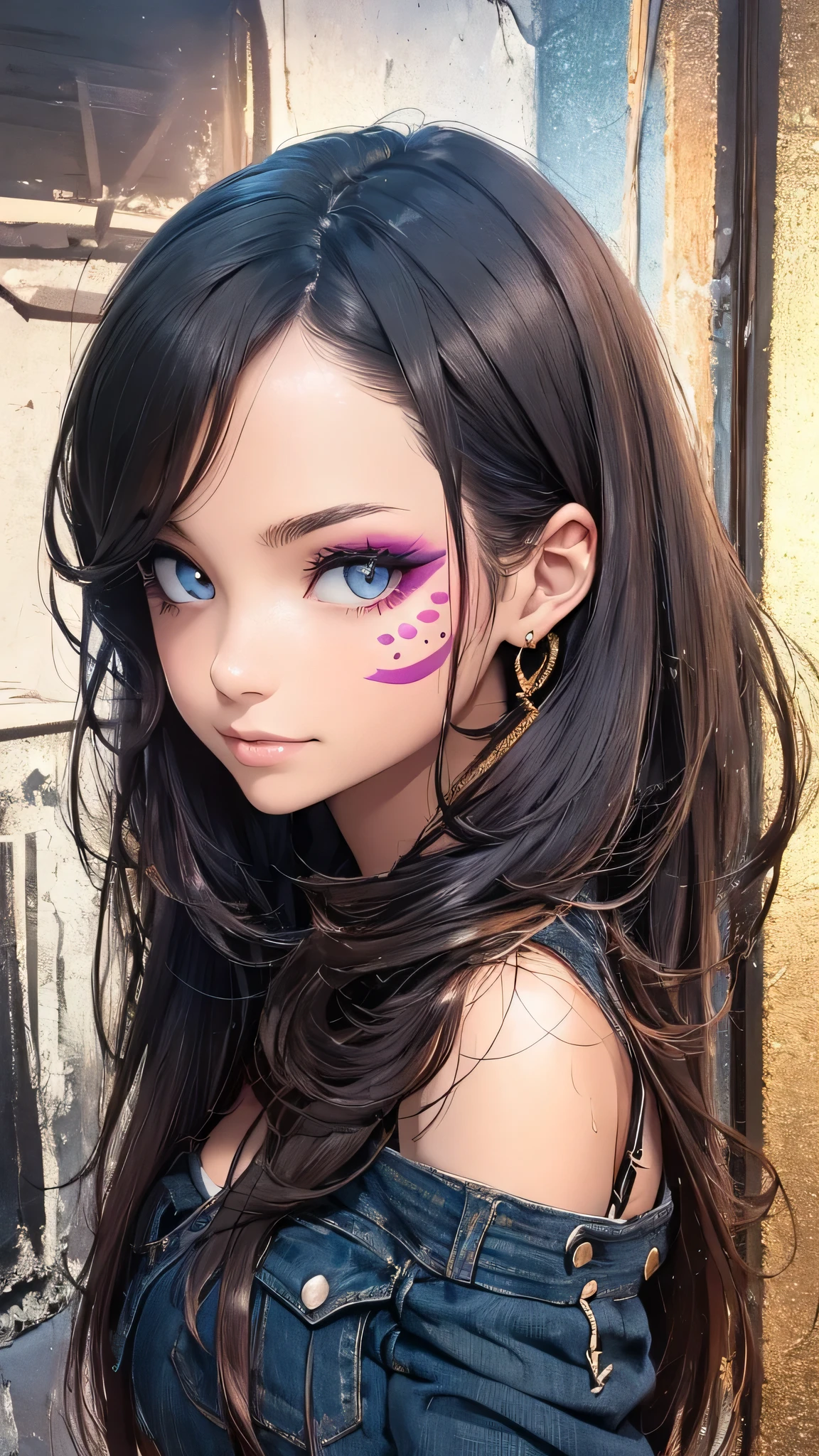 最high quality、best image quality、masterpiece、teenage girl((15 years old、 By becoming、vest bust、medium bust,wide open breast tea、black eye, black hair、long hair、thin,highest valley、cute makeup、punk clothing、best smile、Red Face Paint、distressed jeans、distressed jacket、black sports bra、Rear view、turn around、walk)),high quality、beautiful art、background((virtual hotel)),debris flies、Depth of written boundary、movie、visual art、perfect art、
