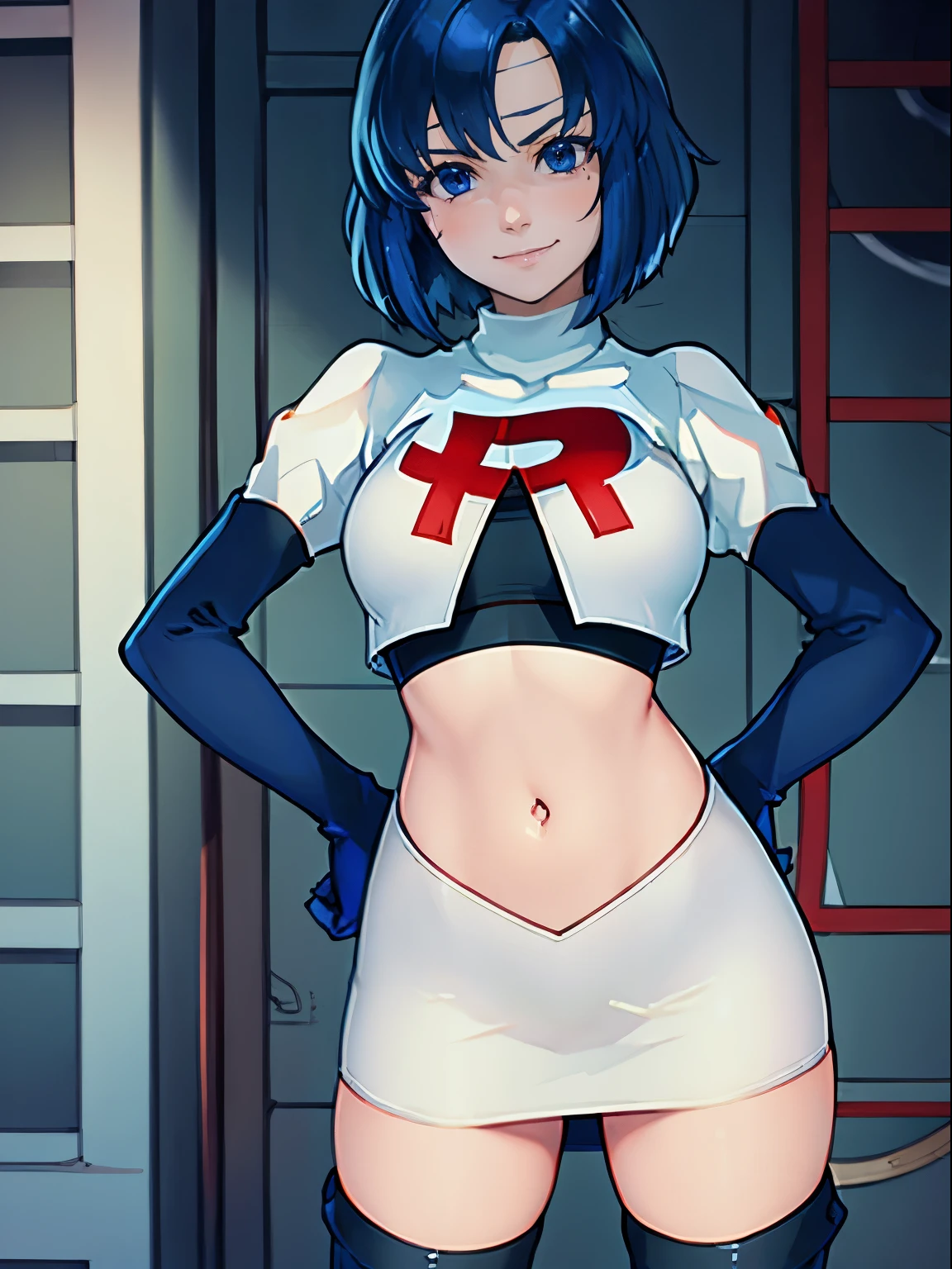 face of Catria (Fire Emblem), short hair, blue hair, 1girl,team rocket,team rocket uniform, red letter R, white skirt,white crop top,black thigh-highs,black elbow gloves, evil smile, hands on hips