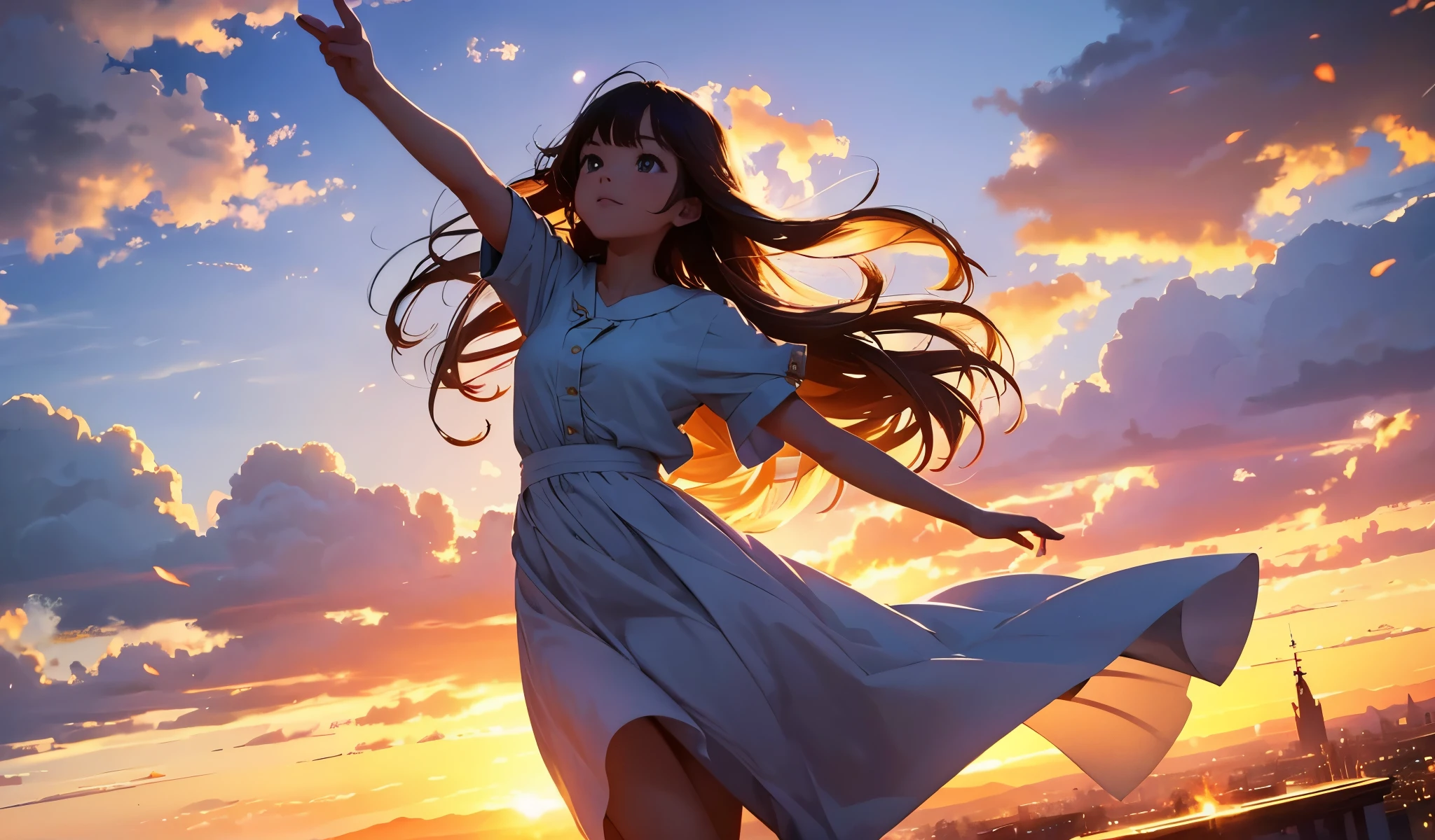 masterpiece, highest quality, movie stills, 1 girl, cloud girl, floating in the sky, close, bright, Happy, warm and soft lighting, sunset, (sparks:0.7)