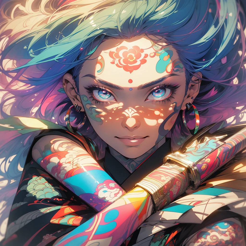 (((highest quality))),(((detailed eyes))),(((32k))),1 girl,rainbow colored hair,(tattoo),cyber punk,Rainbow kimono,Luxurious and gorgeous,Shiny skin,earrings,flashy,((Super beautiful woman)),perfect face,Japanese sword,ultimate texture,official art,Ukiyo-e,stylish,photograph,perfect body,smile,Bewitching