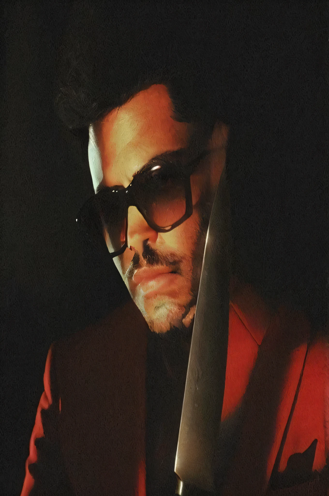 faaris azura in a red suit holding a knife, faaris azura weaing shades, with red haze, ray, faaris azura