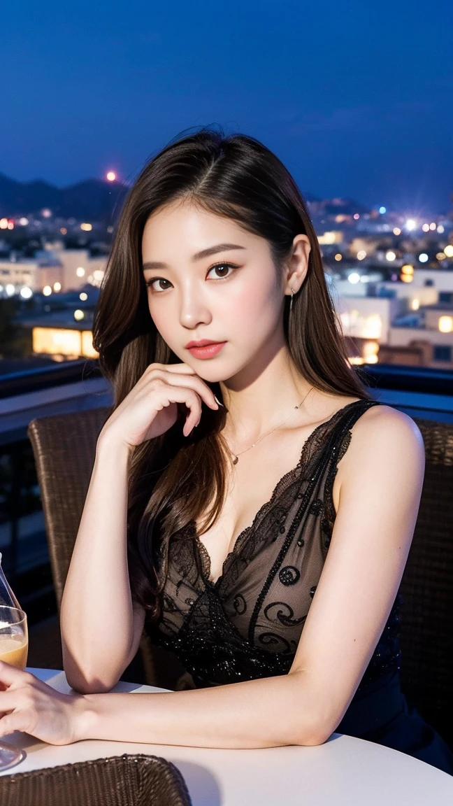 dark brown hair、light brown eyes、Japanese actress face、 Lady、i look like him&;I'm about 40 years old.、(intricate details:1.2)、(highest quality:1.4)、 (ultra high resolution:1.2)、ultra high resolution、(detailed eyes)、(detailed facial features)、ticker、8K resolution、D cup size breasts、long hair、singapore terrace restaurant、night view of singapore、Sit comfortably on a sofa on the terrace of a cafe overlooking the night sky..、relaxing、lean against the backrest、Zara clothes、ZARA coordination、trendy clothes、trend coordination、